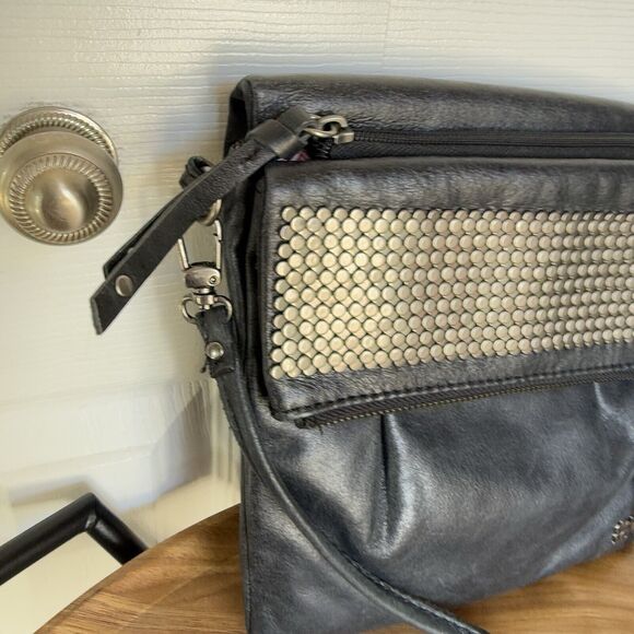 THE SAK Flap Small Messenger Black Leather Crossbody Handbag Boho Studded Biker - Picture 17 of 17